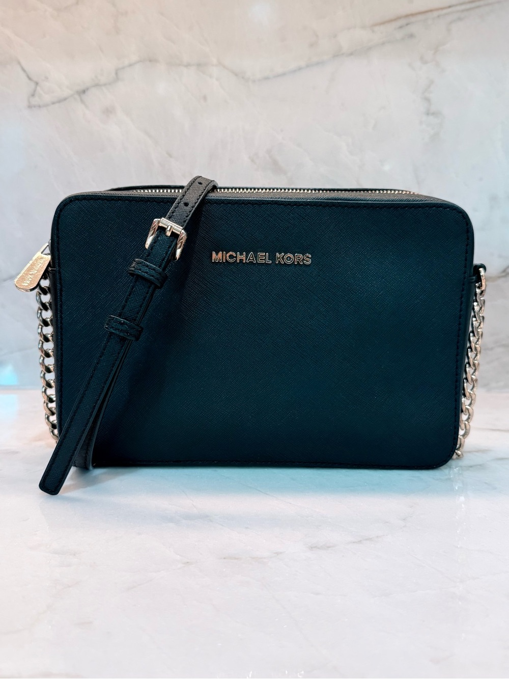Michael Kors Women's Top Zip  Saffiano Leather Crossbody Bag, Black w/Gold Trim
